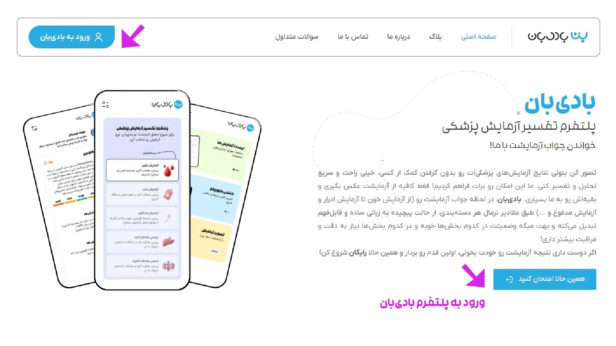 راهنمای تفسیر آزمایش با هوش مصنوعی بادیبان 3 ورود به پلتفرم بادی بان برای دریافت تفسیر آزمایش با هوش مصنوعی