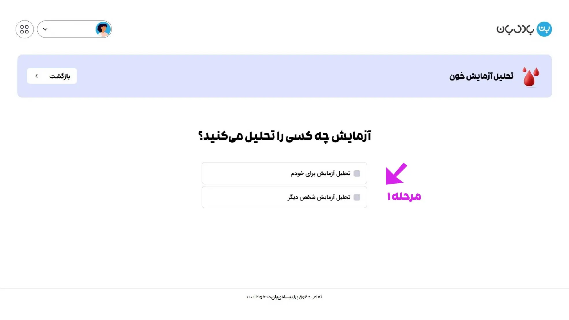 راهنمای تفسیر آزمایش با هوش مصنوعی بادیبان 5 انتخاب آزمایشدهندهای که نتیجه تفسیر آزمایش با هوش مصنوعی متعلق به اوست.